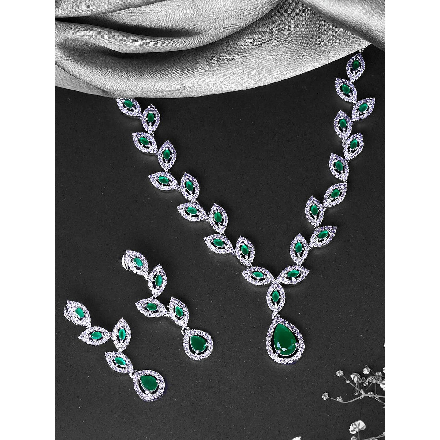 Yellow Chimes American Diamond Necklace Set For Women | Green Stone Silver Jewellery Set For Women | Diamond Necklace Set | Birthday Gift for Girls Anniversary Gift for Wife