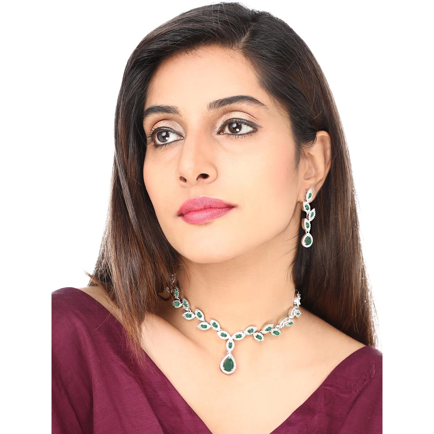 Yellow Chimes American Diamond Necklace Set For Women | Green Stone Silver Jewellery Set For Women | Diamond Necklace Set | Birthday Gift for Girls Anniversary Gift for Wife