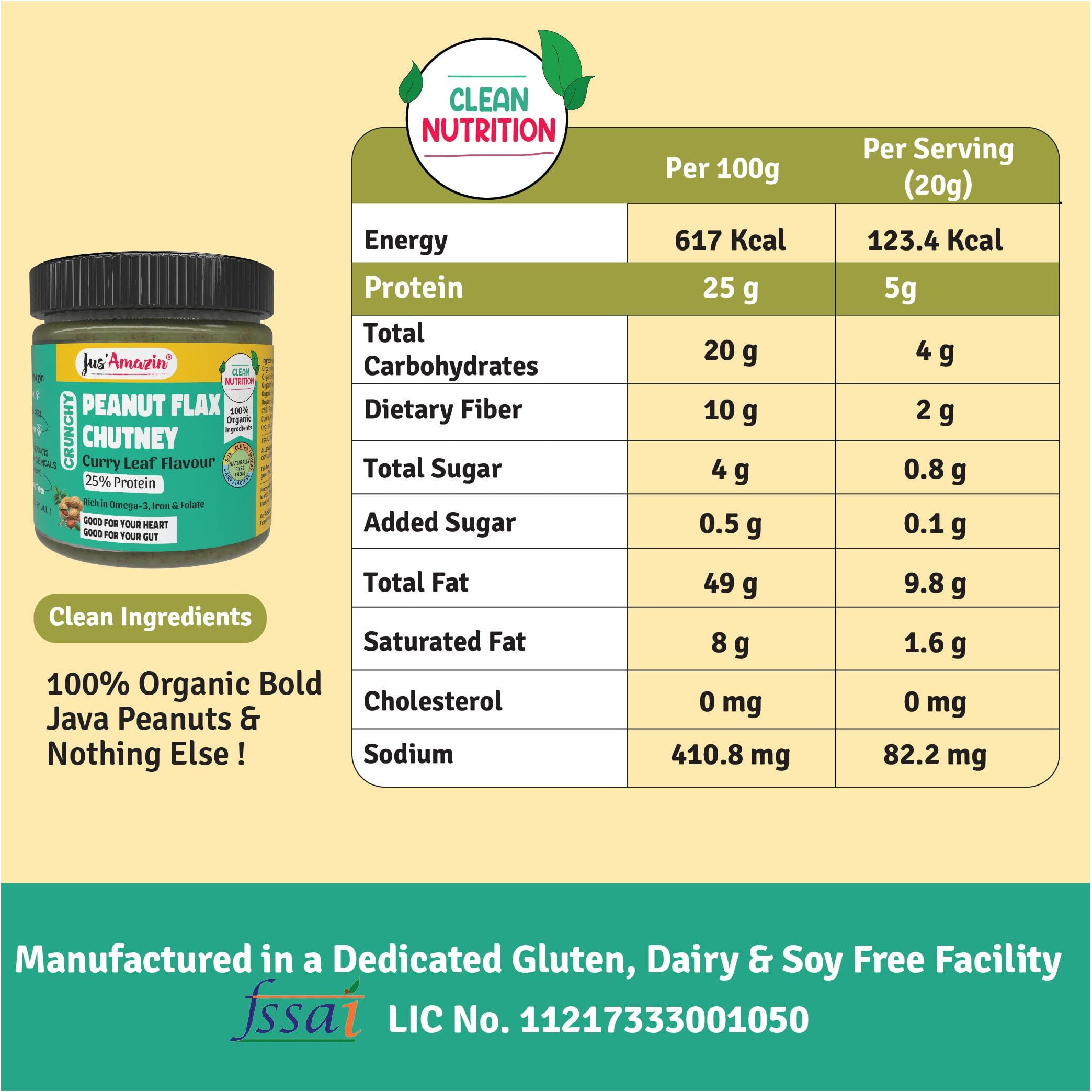 Jus Amazin Organic Peanut Flax Chutney - Curry Leaf Flavour (200g)|Perfect with Dosas & Idlis|High Protein, Omega 3|Plant Based, 0% Chemicals (No Emulsifiers, INS or E Ingredients)|Clean Nutrition