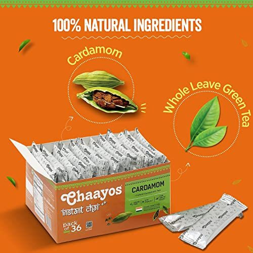Chaayos Instant Assam Tea Powder Premix|Cardamom|Regular Sugar (14G * 36 Sachets)|Elaichi Chai|Cardamom Tea|1 Min Chai|Assam Tea|Masala Tea Premix,510 Gm