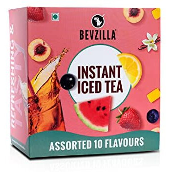 Bevzilla Iced Tea Powder Assorted 10 Flavours Pack, Ice Brew, Cold Brew, Strong and Highly Flavourful, No Artificial Ingredients, 30 Calorie Instant Ice Tea Powder, 30 GM each sachet x 10