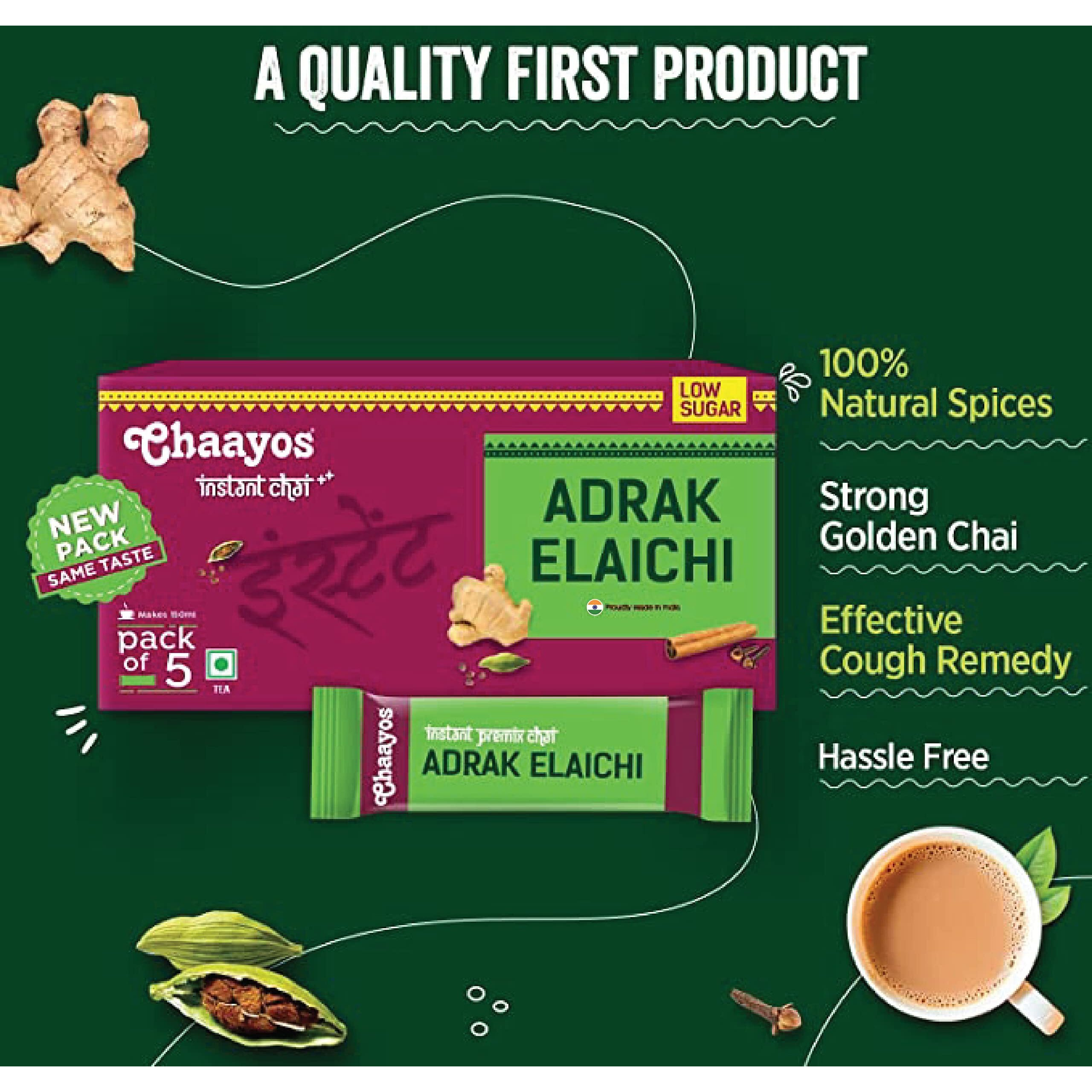 Chaayos Instant Tea Premix - Low Sugar - Adrak Elaichi Flavour (5 Sachets) | Masala Tea Powder | Masala Chai | Premix Ready Mix Tea | Assam Tea | Desi Chai | Flavoured Tea | Tea Mix, 22 Grams