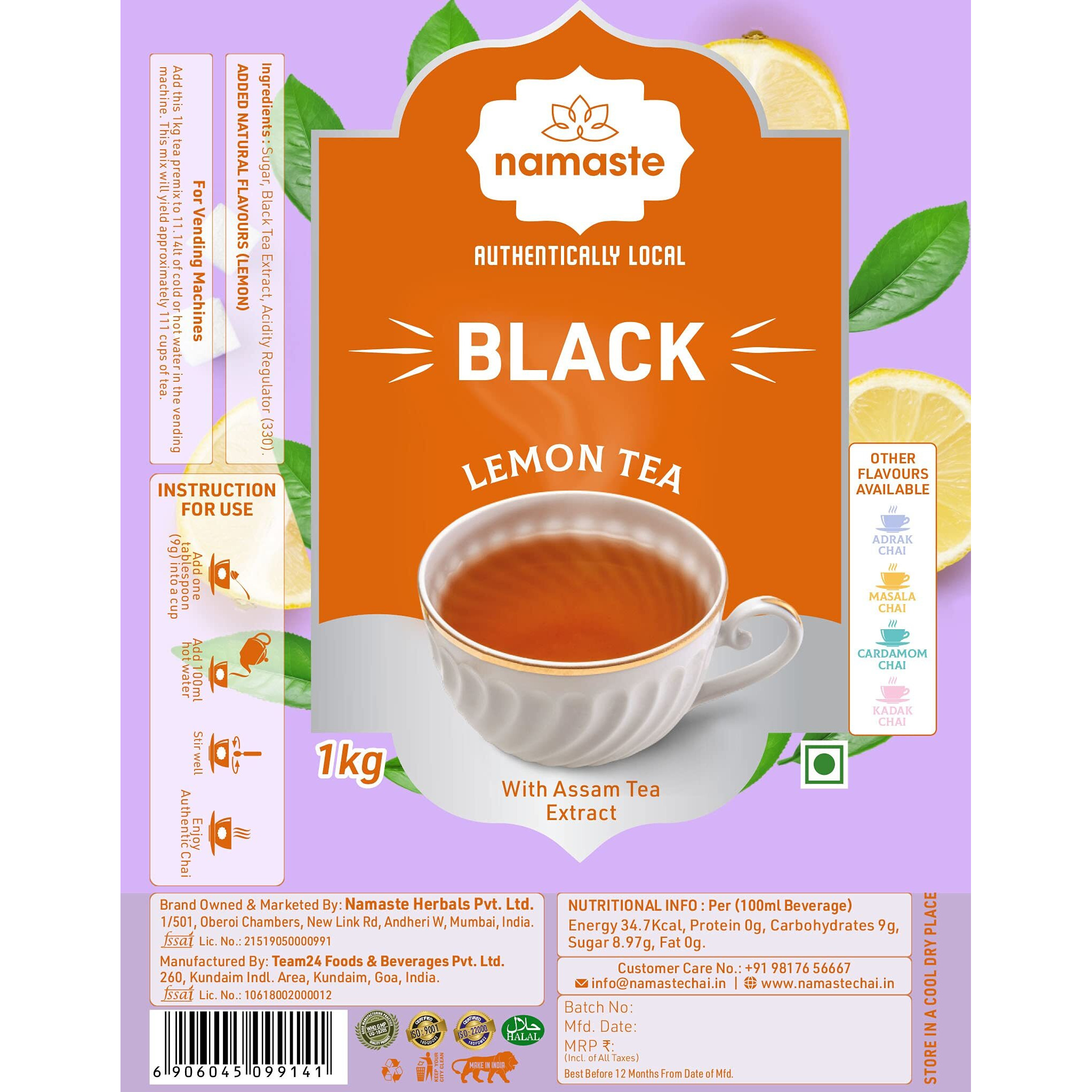 Namaste Chai Instant Tea Premix, Black Lemon Tea|Value Pack|Assam Tea|Easy Pour Powder|Ready Mix (1Kg, Powder)