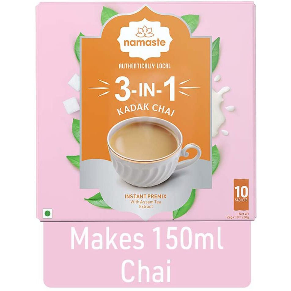 Namaste Chai Instant Tea Premix, Kadak Chai | Assam | Milk And Sugar | Ready Mix (22G X 10 Sachets,Powder) - Assam, 185 G