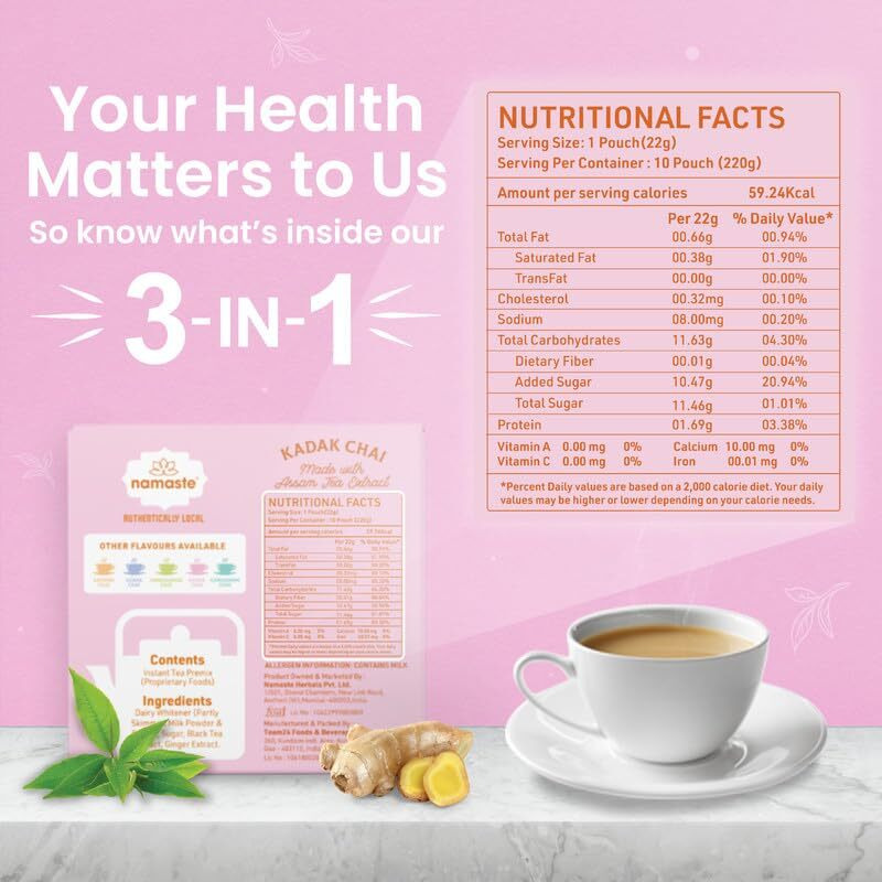 Namaste Chai Instant Tea Premix, Kadak Chai | Assam | Milk And Sugar | Ready Mix (22G X 10 Sachets,Powder) - Assam, 185 G