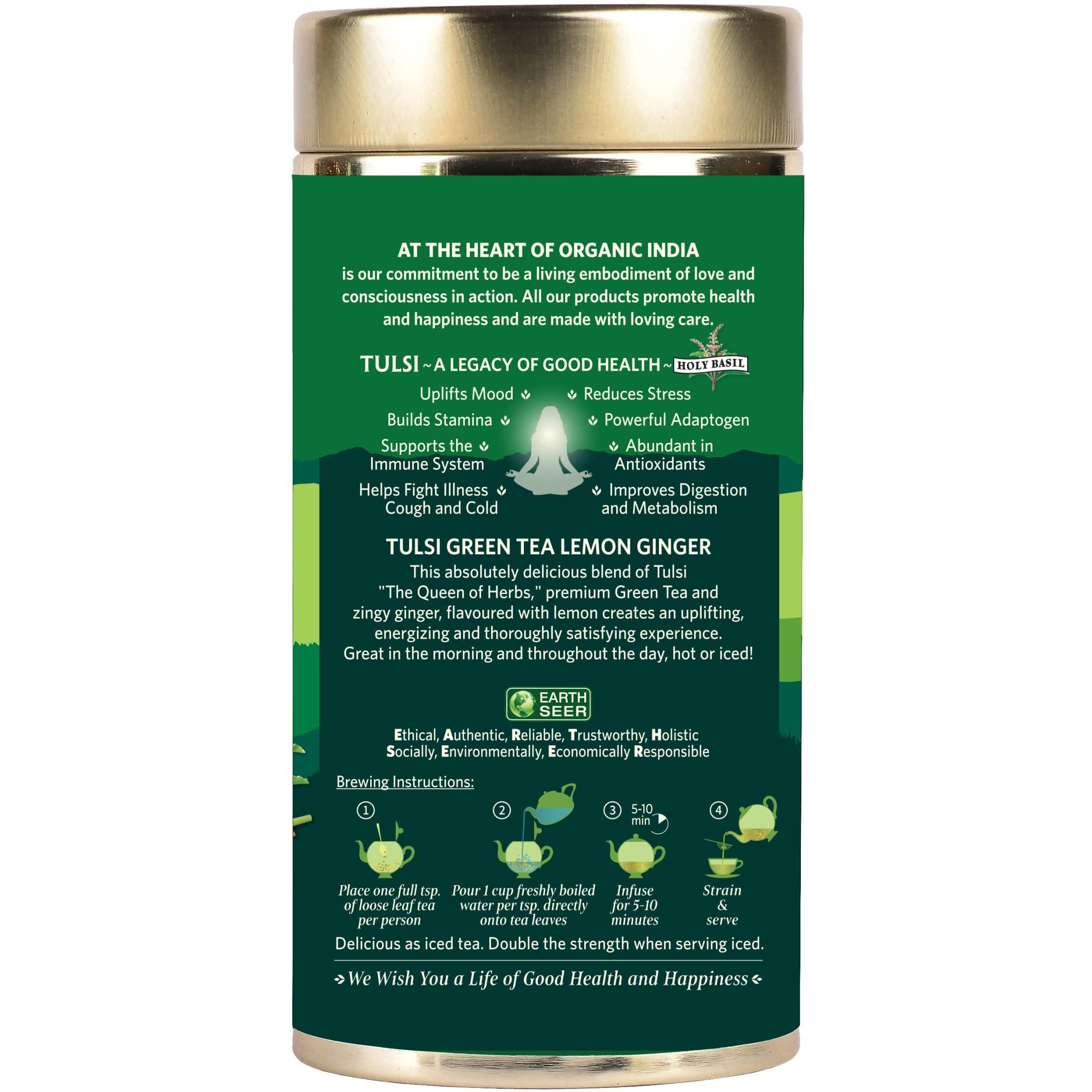 ORGANIC INDIA Tulsi Green Tea Lemon Ginger 100 gm tin, Loose Leaves