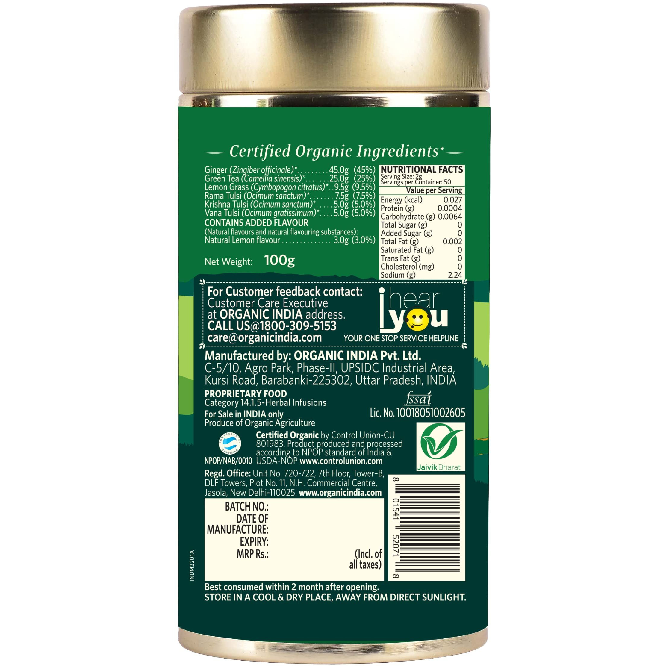ORGANIC INDIA Tulsi Green Tea Lemon Ginger 100 gm tin, Loose Leaves