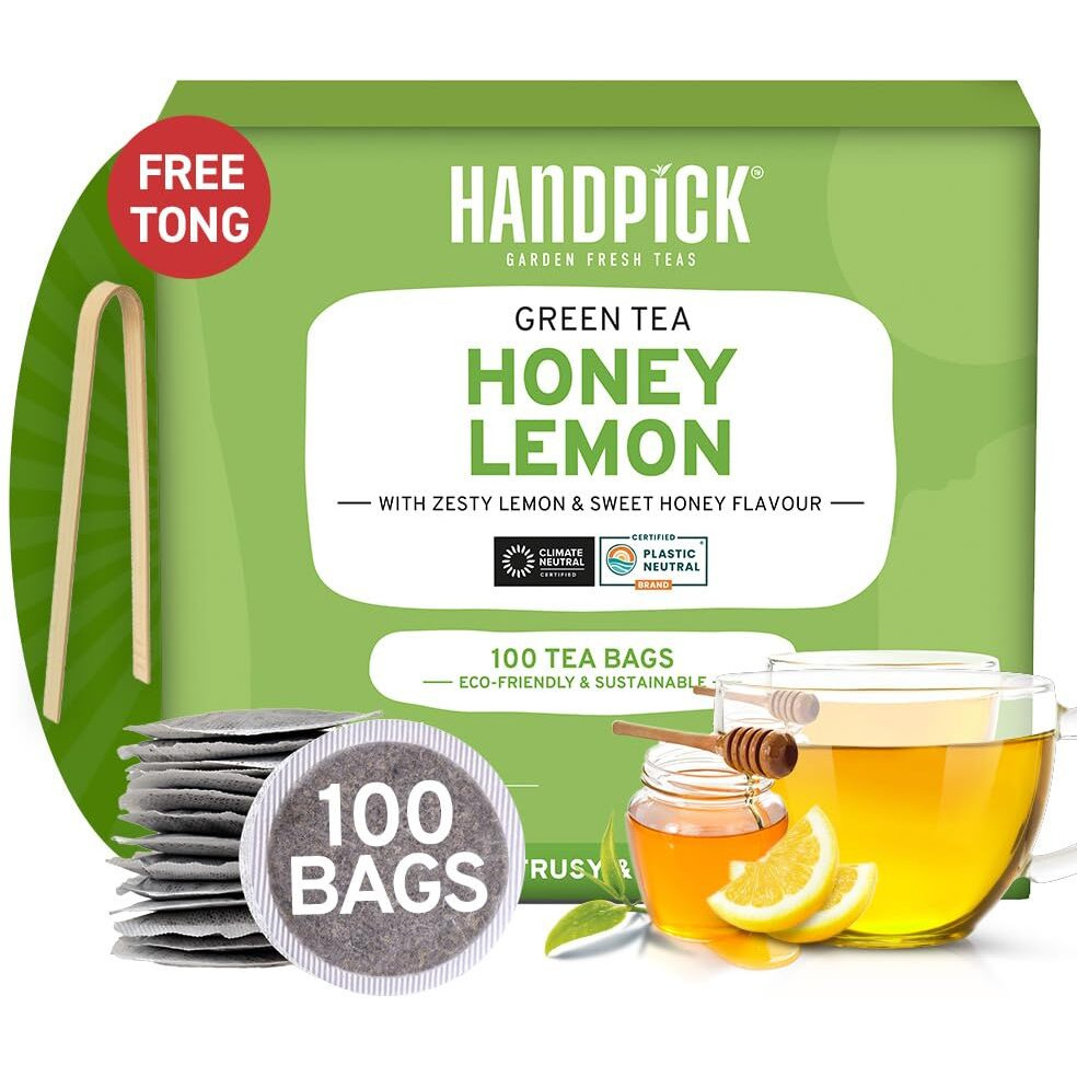 HANDPICK, Honey Lemon Green Tea Bags (100 Count) All Natural Flavor, Zero Additives | Sweet Honey & Tangy Lemon | Round & Eco-Friendly Tea Bags | Packed in Resealable Bag | Brew as Hot or Iced Tea