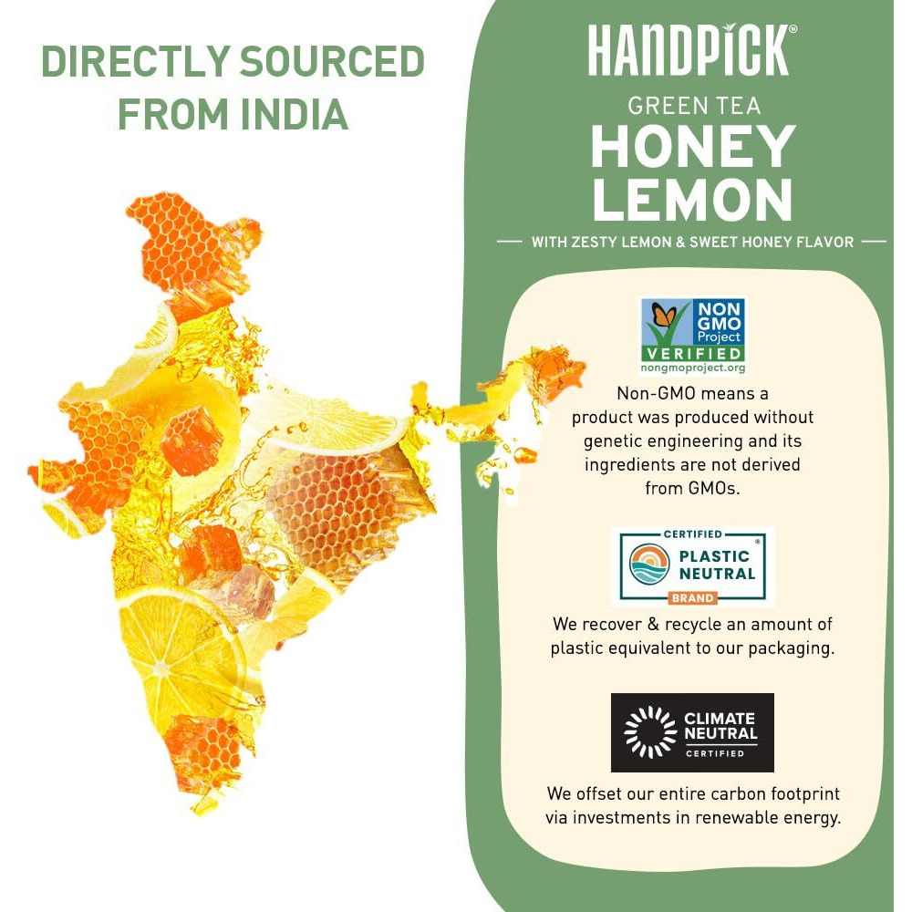 HANDPICK, Honey Lemon Green Tea Bags (100 Count) All Natural Flavor, Zero Additives | Sweet Honey & Tangy Lemon | Round & Eco-Friendly Tea Bags | Packed in Resealable Bag | Brew as Hot or Iced Tea