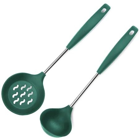 FS COOL Stainless Steel Ladle - Fry Spoon - Kitchen Spoon Set for Cooking - Karandi Set - Kitchen Spatula Set - Skimmer Spoon for Frying - Kadchi Stainless Steel - Poori Strainer (Set of 2, Green)