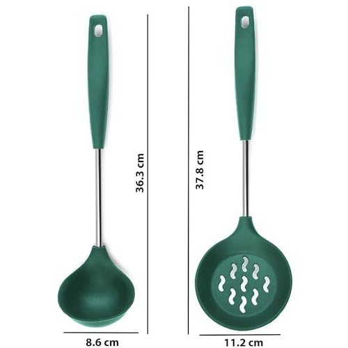 FS COOL Stainless Steel Ladle - Fry Spoon - Kitchen Spoon Set for Cooking - Karandi Set - Kitchen Spatula Set - Skimmer Spoon for Frying - Kadchi Stainless Steel - Poori Strainer (Set of 2, Green)