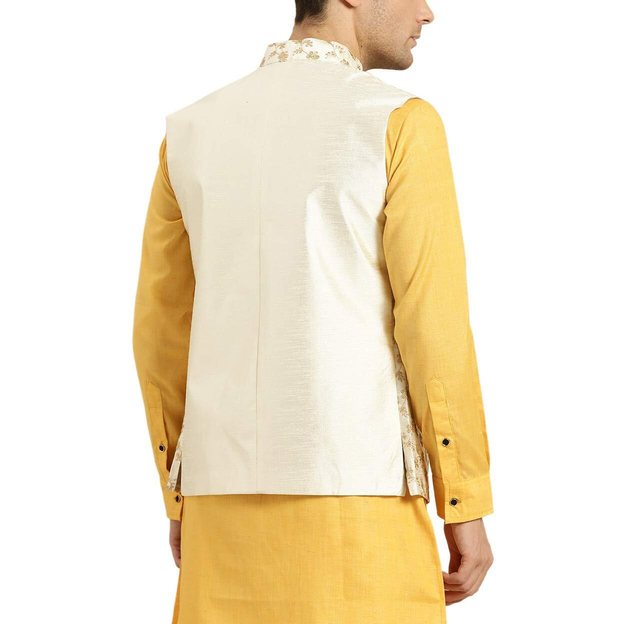 SOJANYA (Since 1958, Mens Silk Blend, Cream & Gold Embroidered Nehru Jacket, Size 40