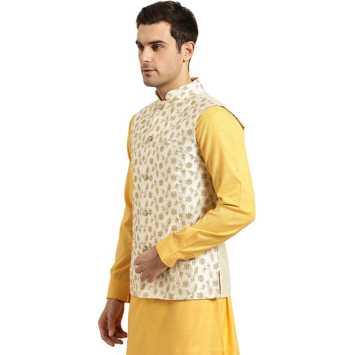 SOJANYA (Since 1958, Mens Silk Blend, Cream & Gold Embroidered Nehru Jacket, Size 40