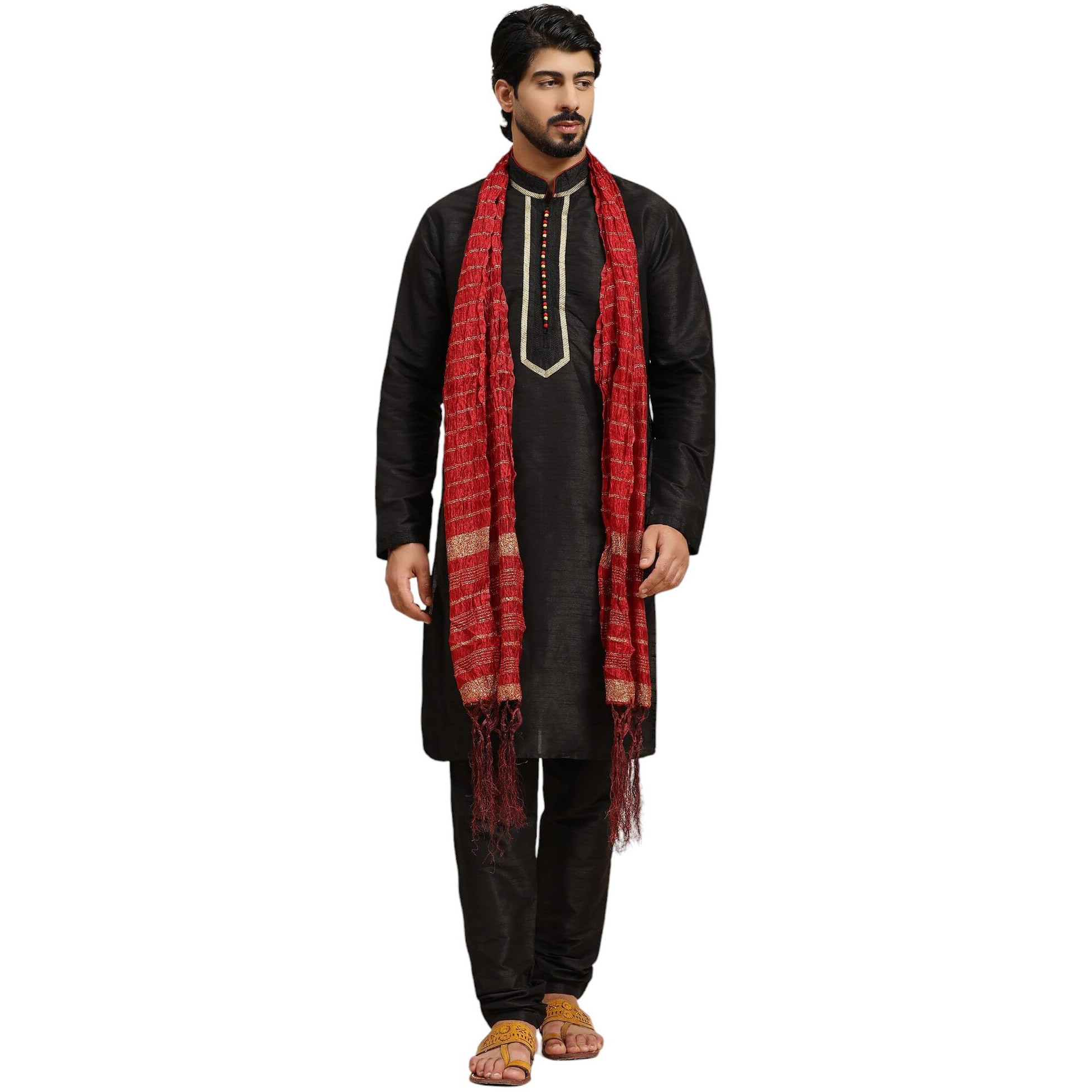 SKAVIJ Mens Art Silk Kurta Pajama and Stole Traditional Outfits for Party Black_Large
