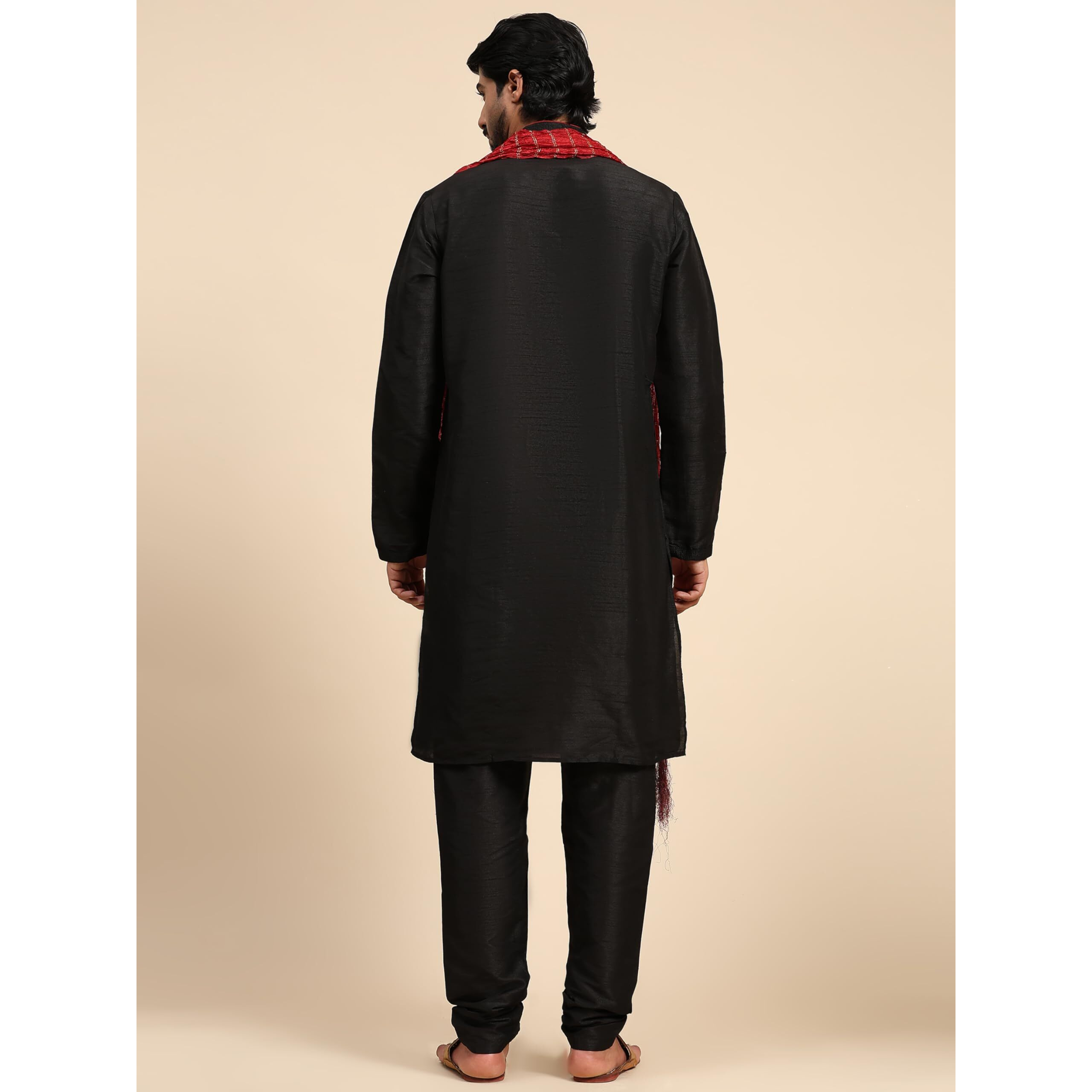 SKAVIJ Mens Art Silk Kurta Pajama and Stole Traditional Outfits for Party Black_Large