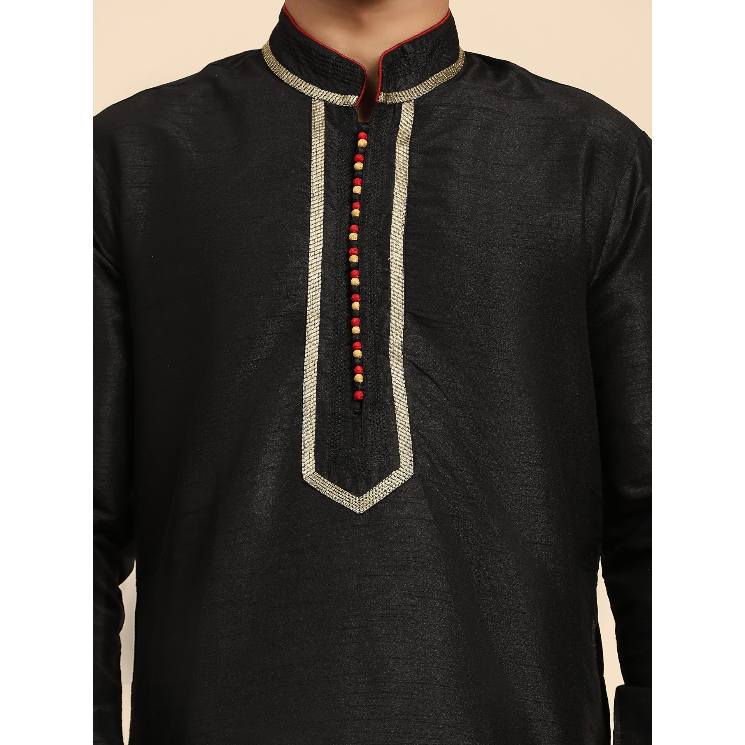 SKAVIJ Mens Art Silk Kurta Pajama and Stole Traditional Outfits for Party Black_Large