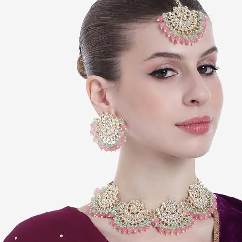 Gehena by Estele Gold Plated Gorgeous Kundan-Studded and White Beaded Choker Necklace Set and Maang Tikka for Girls and Women