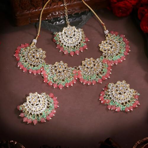 Gehena by Estele Gold Plated Gorgeous Kundan-Studded and White Beaded Choker Necklace Set and Maang Tikka for Girls and Women
