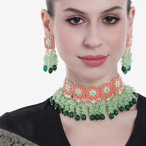 Gehena by Estele Gold Plated Beautiful Meenakari Floral Designer Enamel with Mint Green and Green Pearl Beaded Choker Necklace Set for Girls and Women
