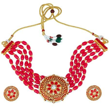 Gehena by Estele Gold Plated Fascinating Circular Designer Kundan-Studded Necklace Set with Pink Beaded Pearls for Girls and Women
