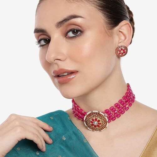 Gehena by Estele Gold Plated Fascinating Circular Designer Kundan-Studded Necklace Set with Pink Beaded Pearls for Girls and Women