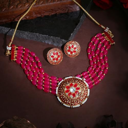 Gehena by Estele Gold Plated Fascinating Circular Designer Kundan-Studded Necklace Set with Pink Beaded Pearls for Girls and Women