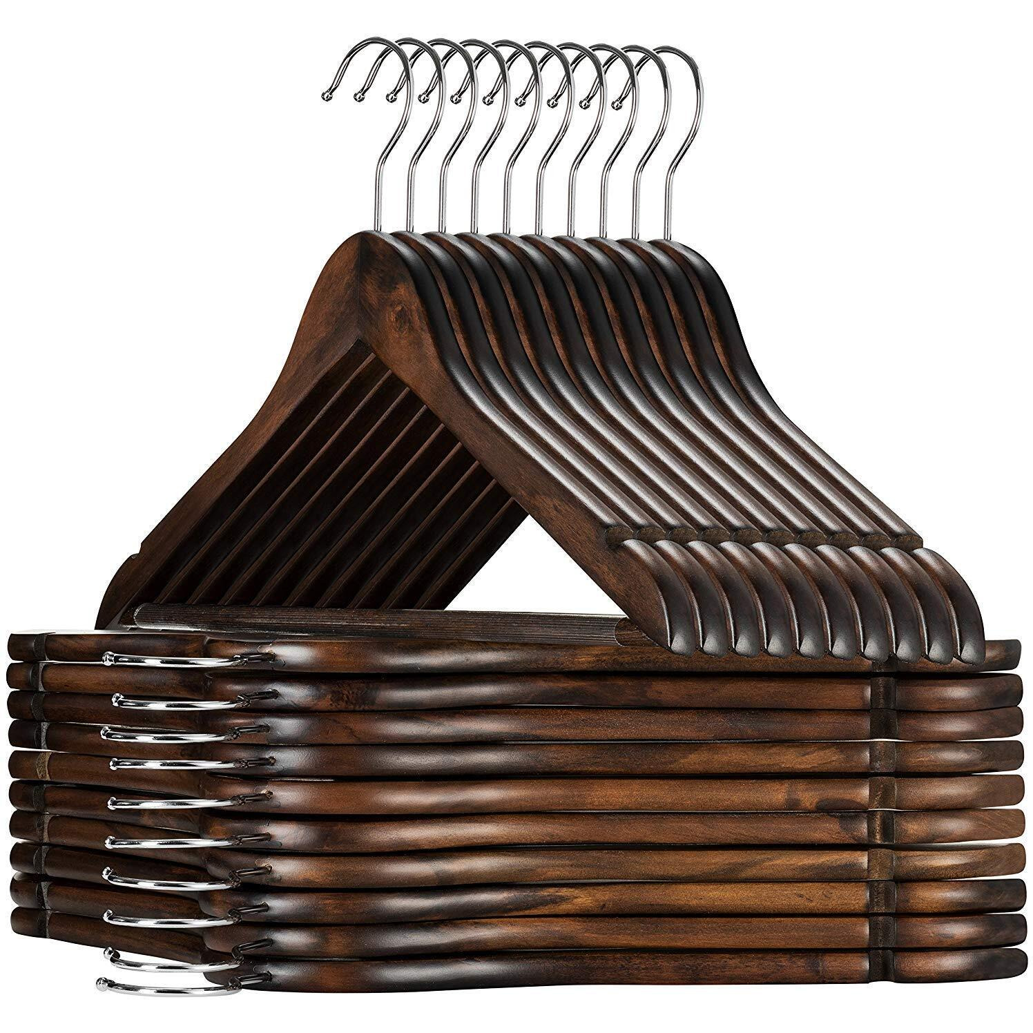 Golden Bird International Wooden Walnut Color Finish Brown Wooden Hanger with 360 Degree Swivel Hook and Precisely Cut Notches for Camisole, Jacket, Pant, Dress Clothes Hangers (6)