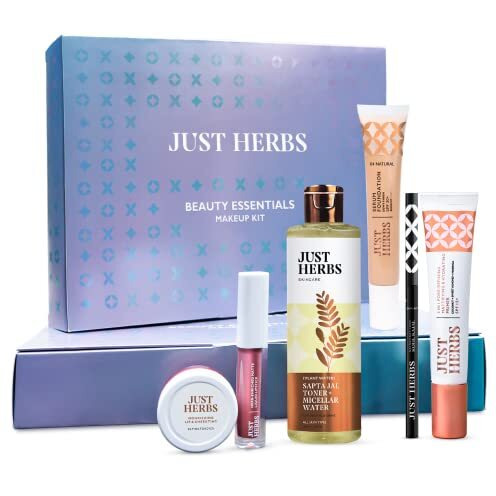 Just Herbs Makeup Kit for Women with Kohl Kajal, 3 in 1 Primer, Liquid Lipstick, Serum Foundation SPF 30+, Saptajal Makeup Removal Toner and Lip & Cheeck Tint (Gift Set)