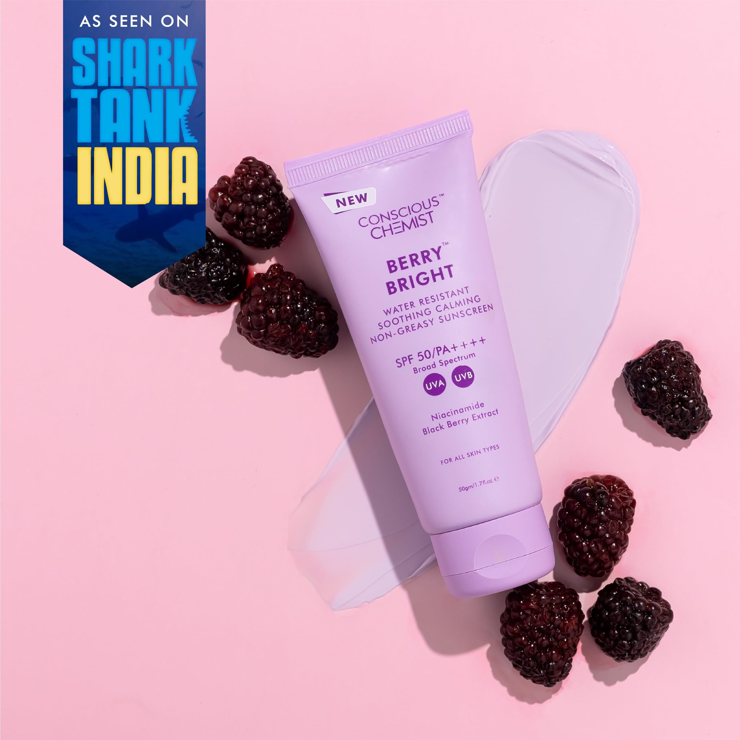 Conscious Chemist Hybrid Lightweight Gel Sunscreen SPF 50 PA ++++ with Water Resistant, Niacinamide, Black Berry Extract | Non-Greasy, No White-Cast | All Skin Types, Cruelty Free | 50 g
