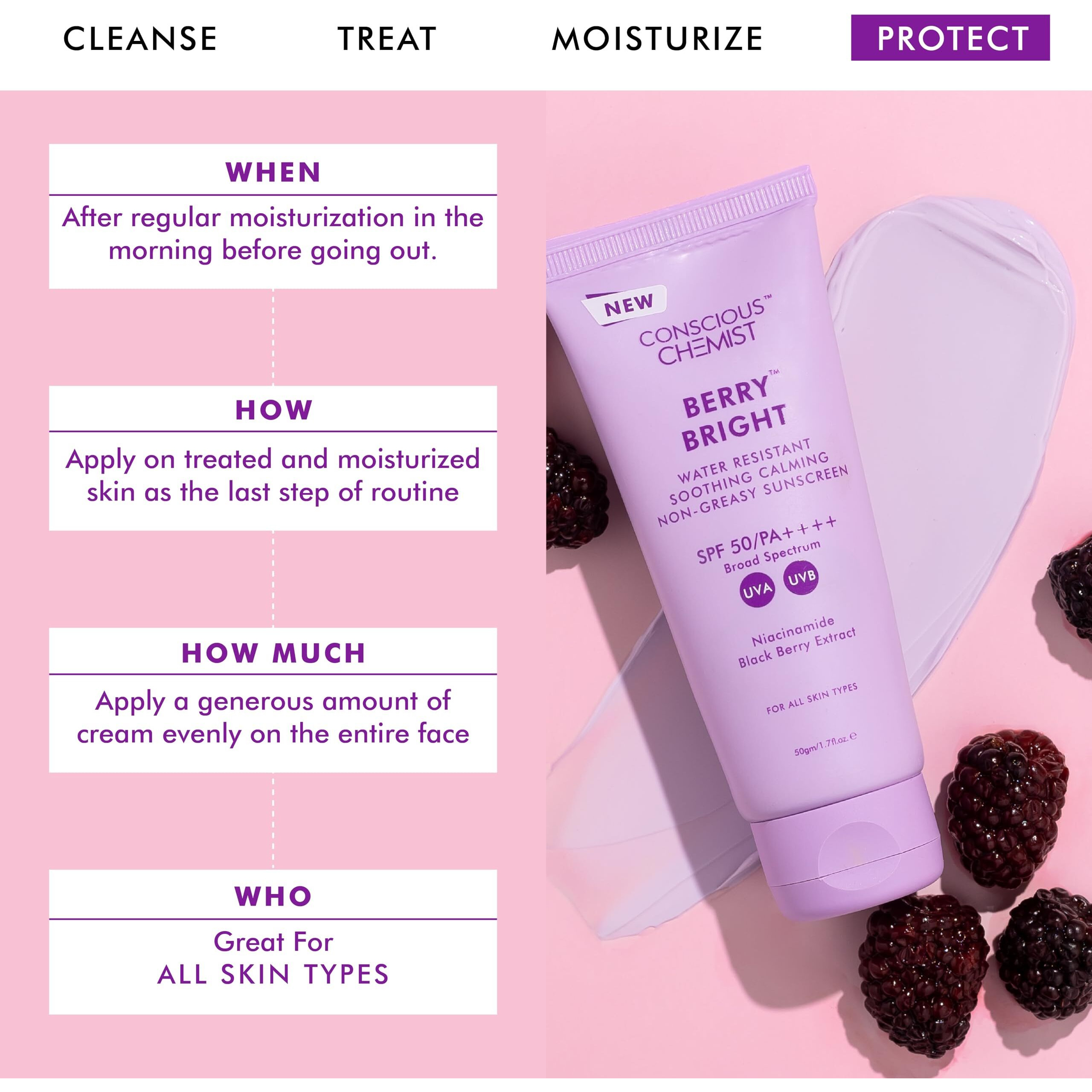 Conscious Chemist Hybrid Lightweight Gel Sunscreen SPF 50 PA ++++ with Water Resistant, Niacinamide, Black Berry Extract | Non-Greasy, No White-Cast | All Skin Types, Cruelty Free | 50 g