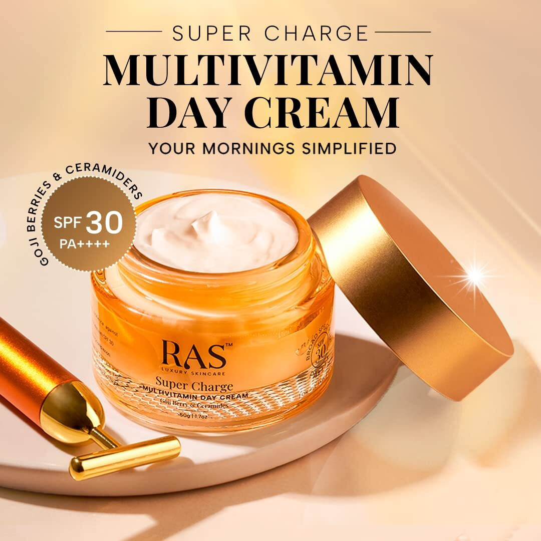Ras Luxury Oils Super Charge Day Cream with Multivitamin SPF 30 PA++++ Goji Berry & Ceramides | Moisturizer for Glowing Skin with 72HR Hydration | Protection from UVA & UVB | Luxury Skincare | 15gm