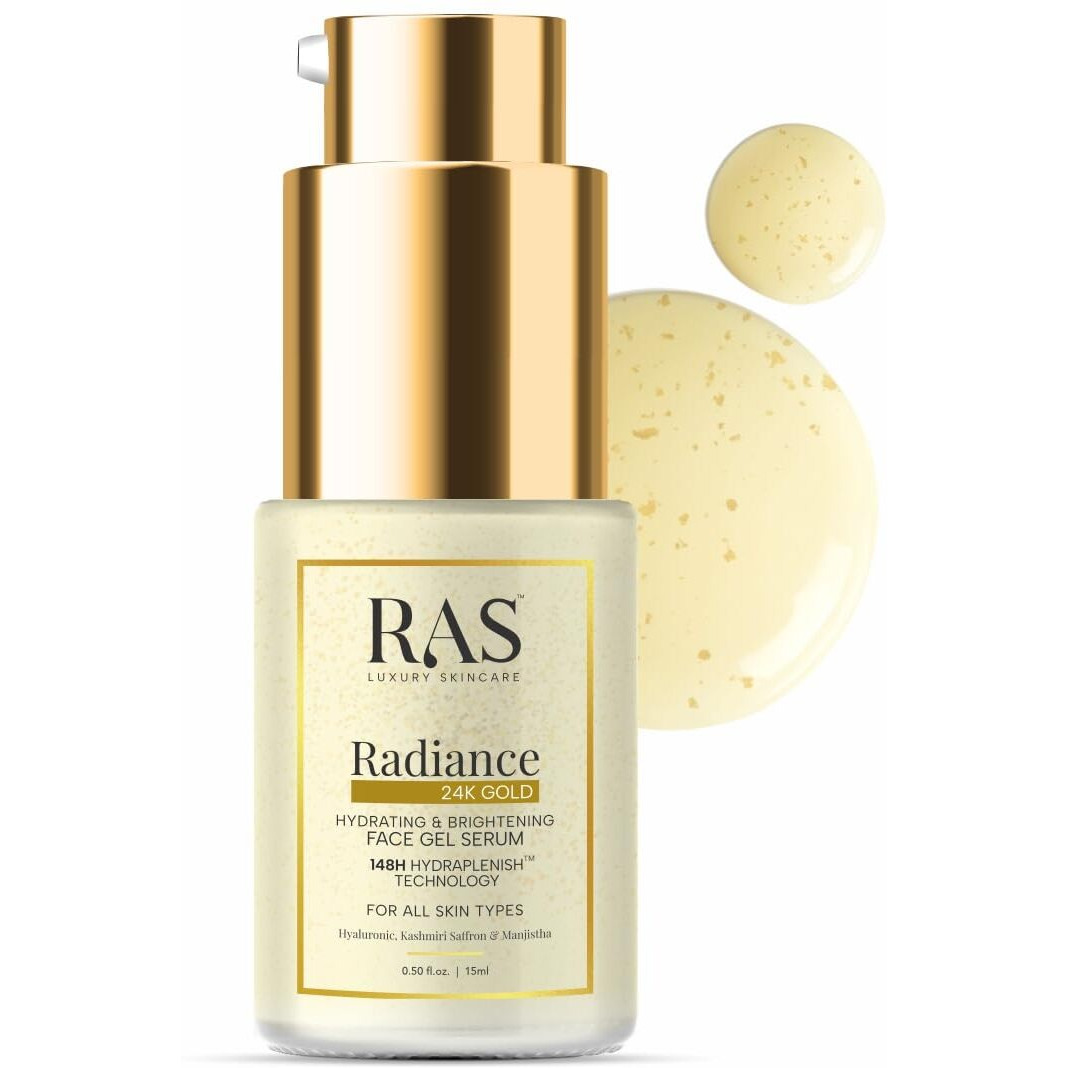 RAS Luxury Oils Radiance 24K Gold Brightening Face Gel Serum | Long Lasting Hydration Infused with Hyaluronic Acid, Saffron, Manjistha & Rosehip | Nourish & Skin Repairing | Hydrates Skin (15 ml)