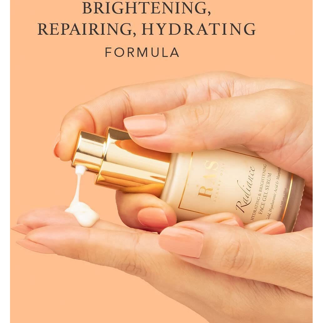 RAS Luxury Oils Radiance 24K Gold Brightening Face Gel Serum | Long Lasting Hydration Infused with Hyaluronic Acid, Saffron, Manjistha & Rosehip | Nourish & Skin Repairing | Hydrates Skin (15 ml)