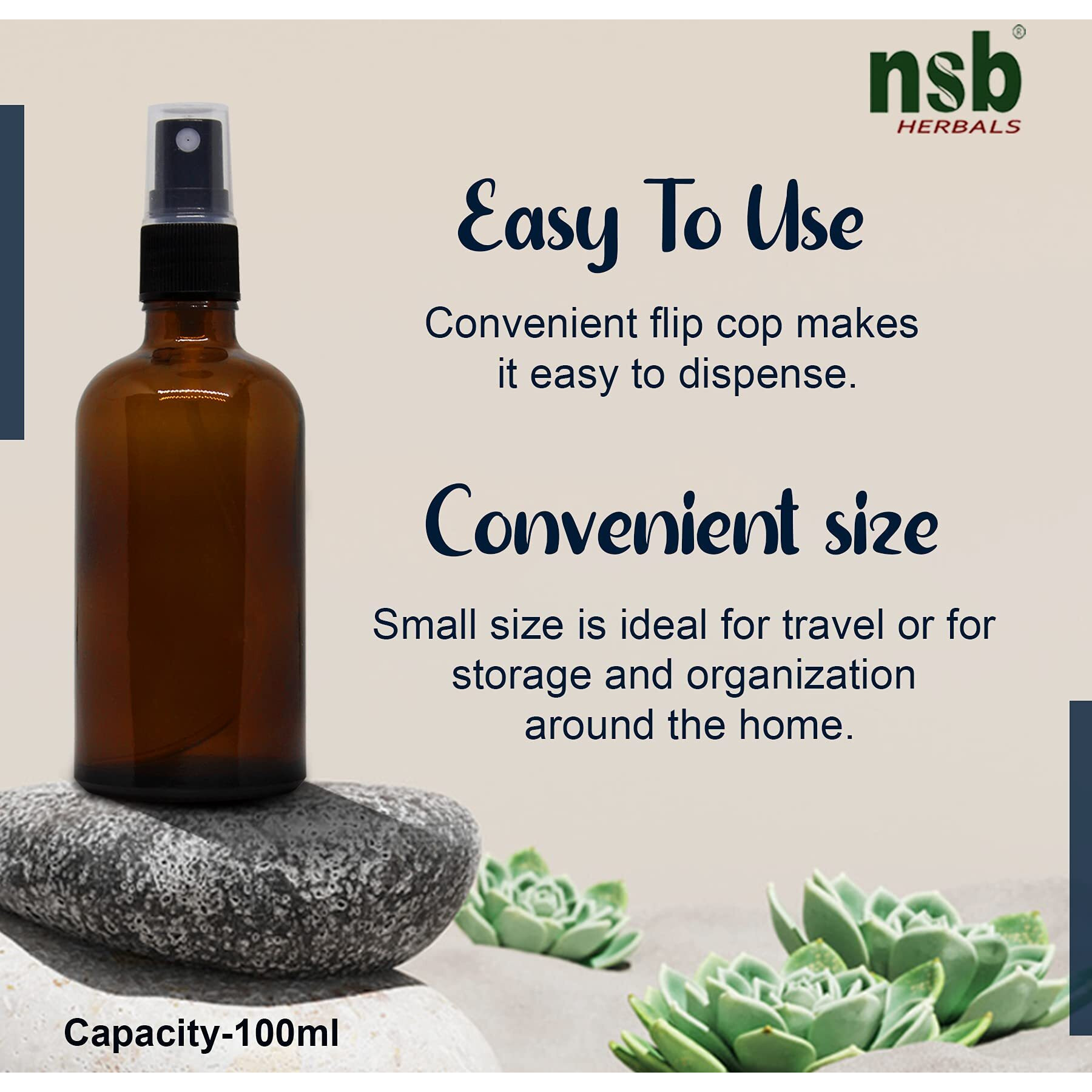 nsb herbals 100 ml Refillable Amber Fine Mist Spray Glass Bottles with Leak Proof Spray Pump for Multipurpose uses for DIY Perfume, Essential Oils, Blends, Aromatic Water, Beauty Products (Pack of 3)