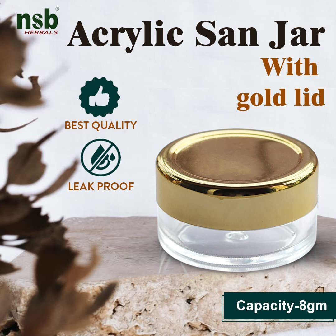 Nsb Herbals 8 GM Empty Acrylic San Jar Transparent/Clear Cosmetic Container With Gold Lid And Leakproof Inner Lids For Lip Balms, Eyeshadow, Makeup & DIY Beauty Products (Pack of 24)