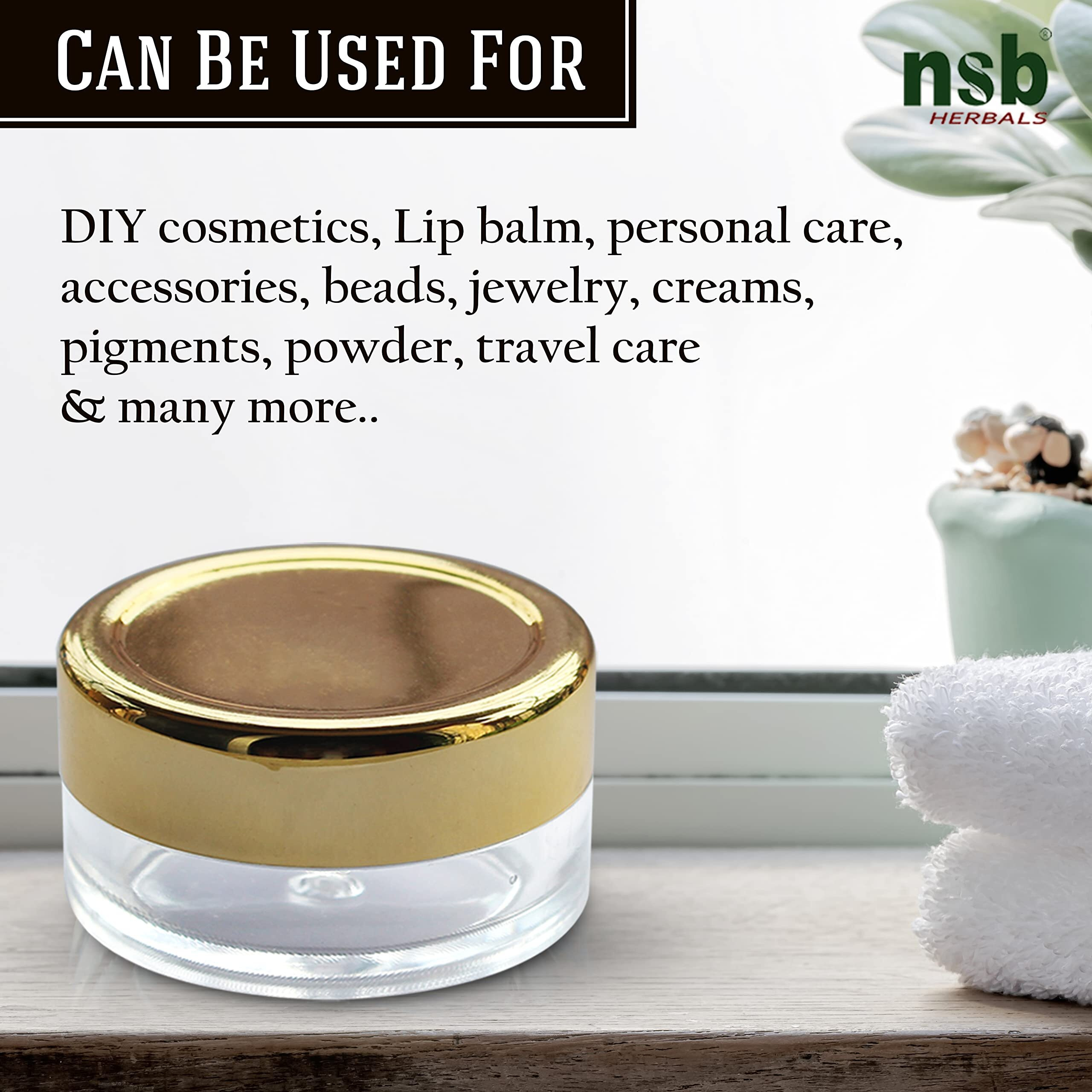 Nsb Herbals 8 GM Empty Acrylic San Jar Transparent/Clear Cosmetic Container With Gold Lid And Leakproof Inner Lids For Lip Balms, Eyeshadow, Makeup & DIY Beauty Products (Pack of 24)
