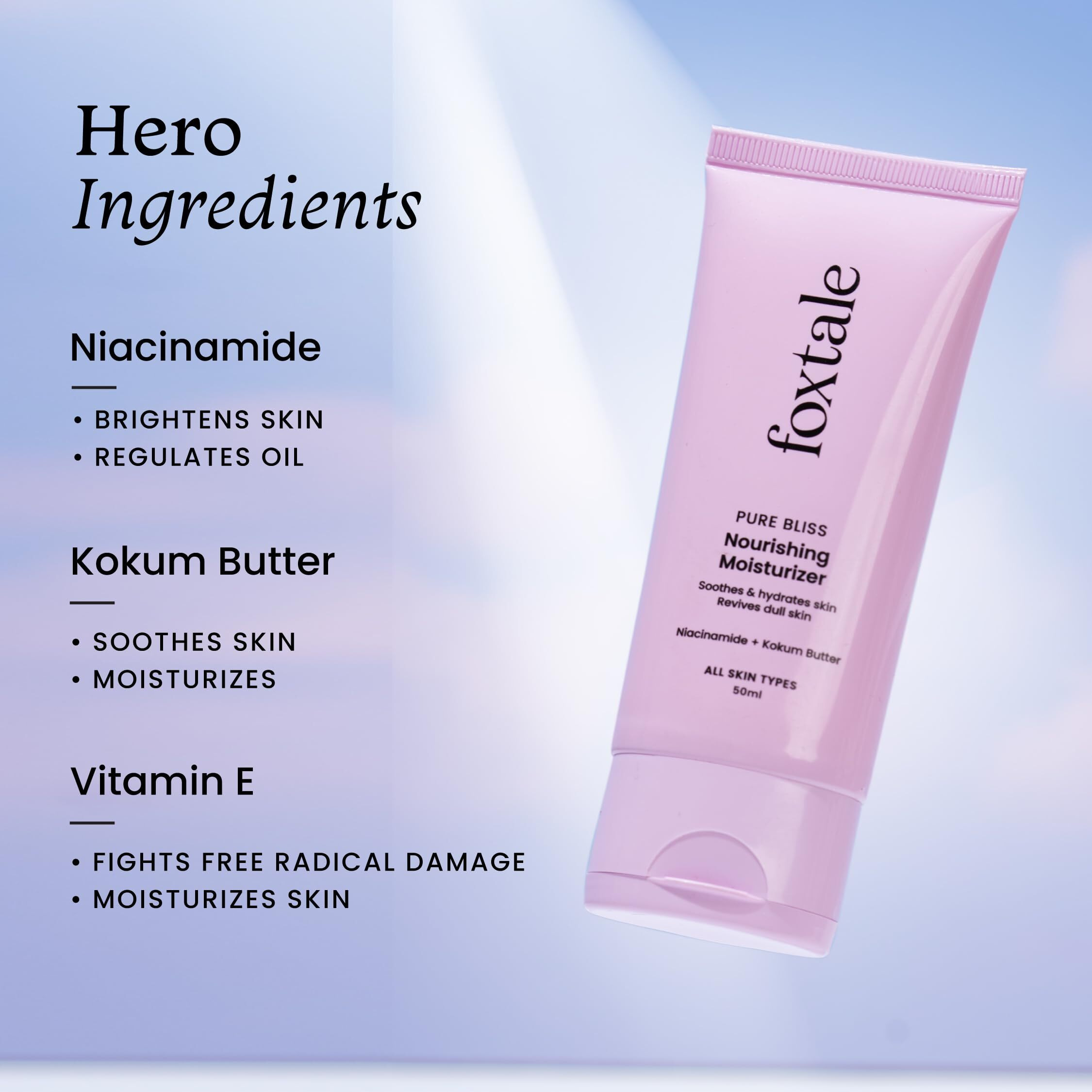 Foxtale Nourishing Face Moisturizer with Niacinamide for 24 Hr Hydration, Lightweight & Non-Sticky, For Soft & Glowing Skin, Men & Women, All Skin Types, 50 ml