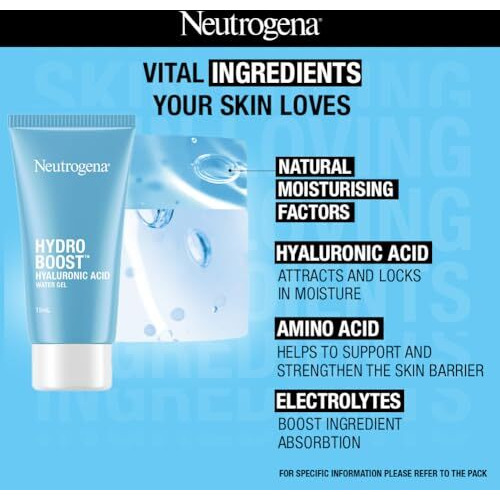 Neutrogena Hydro Boost Hyaluronic Acid Face Moisturizer 15ml | 24 hours long lasting Hydration | Oil free non sticky light water gel fast absorbing| Daily use | All Skin Types | For Men & Women 15ml
