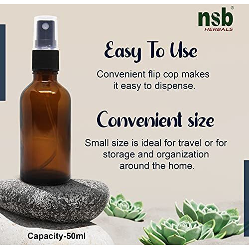 nsb herbals 50 ml Refillable Amber Fine Mist Spray Glass Bottles with Leak Proof Spray Pump for Multipurpose uses for DIY Perfume, Essential Oils, Blends, Aromatic Water, Beauty Products (Pack of 6)