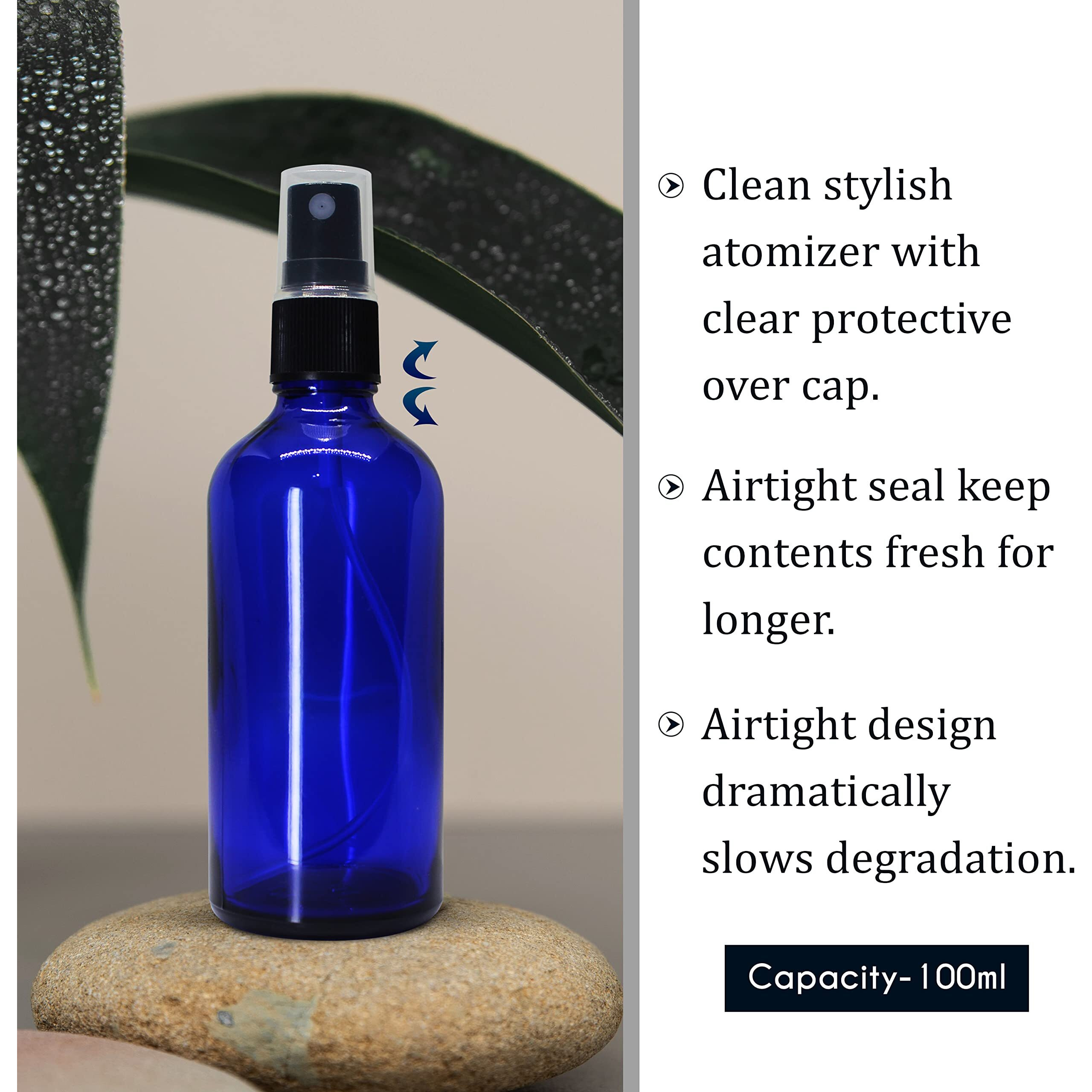 nsb herbals 100 ml Refillable Blue Fine Mist Spray Glass Bottles with Leak Proof Spray Pump for Multipurpose uses for DIY Perfume, Essential Oils, Blends, Aromatic Water, Beauty Products (6)