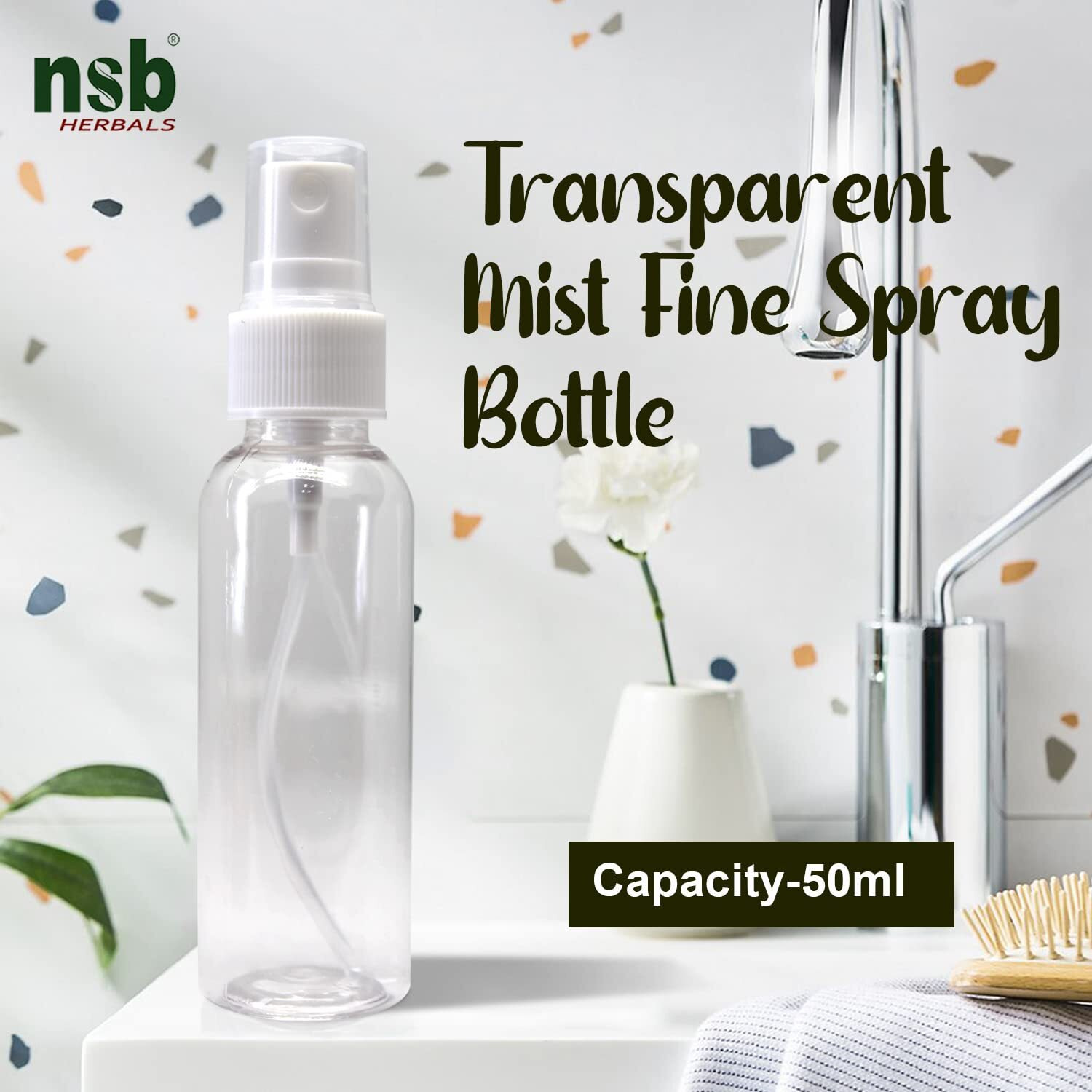nsb herbals 50 ml Transparent Plastic Empty Refillable Reusable Fine Mist Spray Bottle Container for Sanitizer, Perfume, Rose water, Travel, Home Care, Other DIY Products (Pack of 24)
