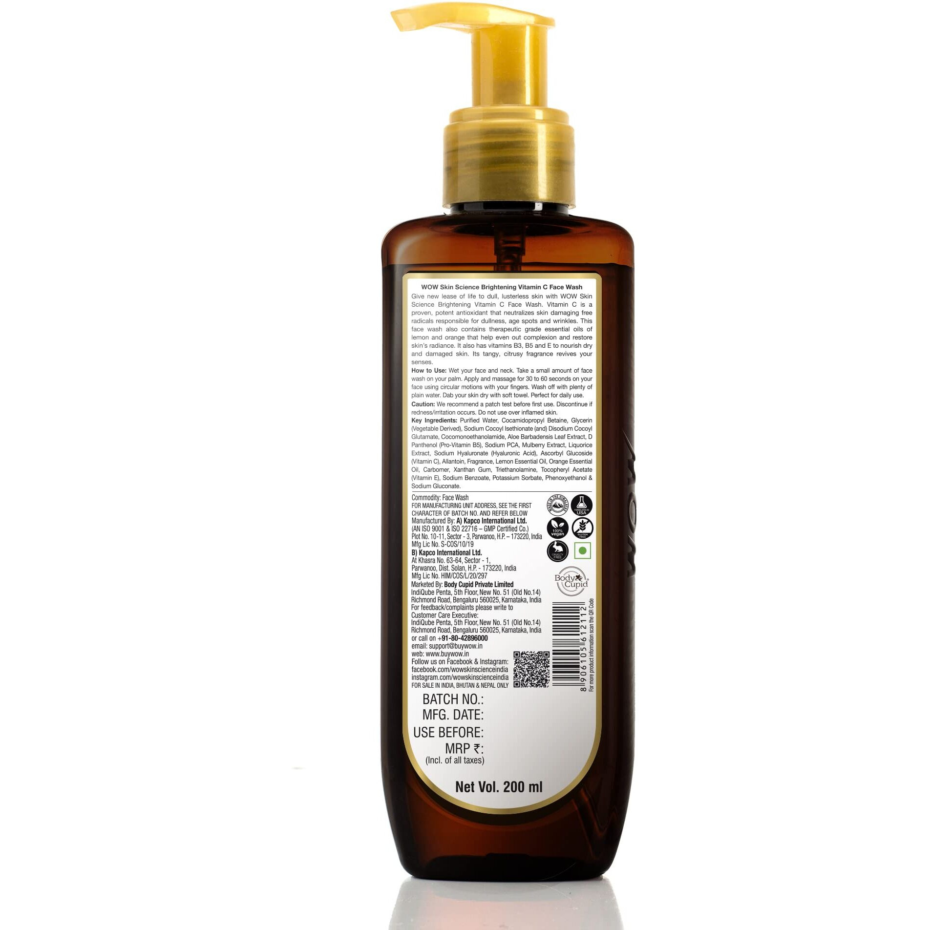 WOW Skin Science Brightening Vitamin C Face Wash | For Oily & Dry Skin | Bright, Glowing Skin | Refreshing | For Women & Men | Paraben & Sulphates Free | 200 ml