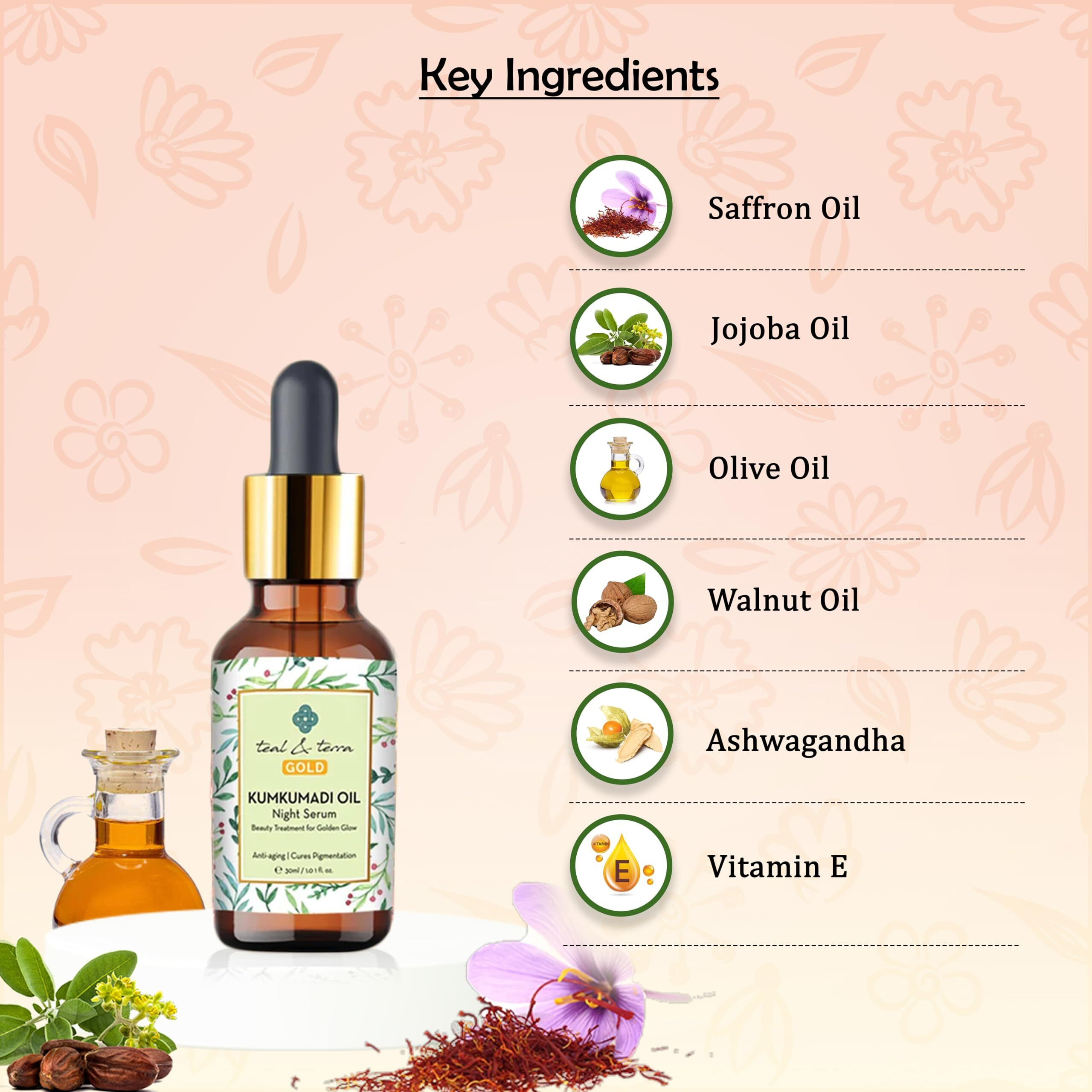 Teal & Terra Ayurvedic Kumkumadi Face oil Night Serum 30ml | Kumkumadi Face Serum for Glowing Skin | Face Serum for All Skin Types | Enriched with Saffron, Jojoba, and Olive Oil | Chemical Free | For Men and Women