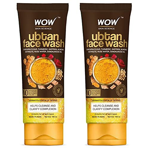 WOW Skin Science Ubtan Face Wash with Chickpea Flour, Turmeric, Saffron, Almond Extract, Rose Water & Sandalwood Oil - No Sulphate, Parabens, Silicones & Color - Pack of 2 - Net Vol 200mL
