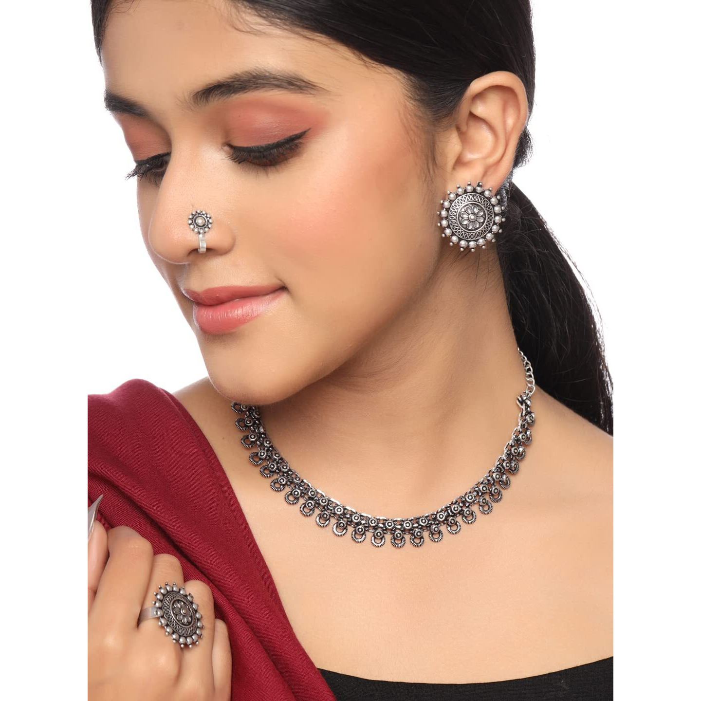 Yellow Chimes Oxidised Necklace Set For Women And Girls German Silver Oxidised Designed Ethnic Jewellery Choker Necklace Set For Women And Girls