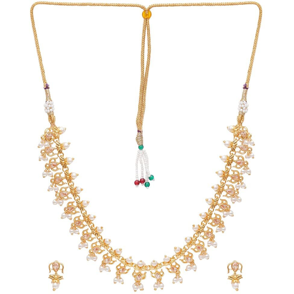 VOYLLA Apsara Antique Inspired Gold Toned Faux Pearls Embellished Brass Jewellery Set