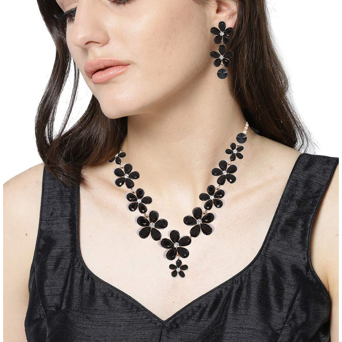 YouBella Jewellery Sets for Women Crystal Necklace Jewellery set with Earrings For Girls/Women (Black)