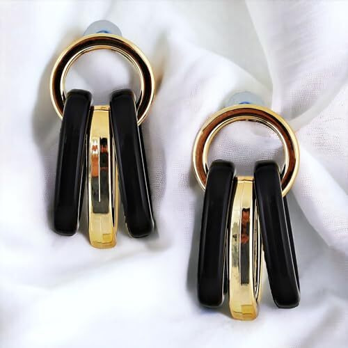 Lucky Jewellery Designer 18k Gold Plated Black Color Circle Link Earring With Multiple Rings Drop Earrings For Girls & Women (90-CHEP-1196-BL)