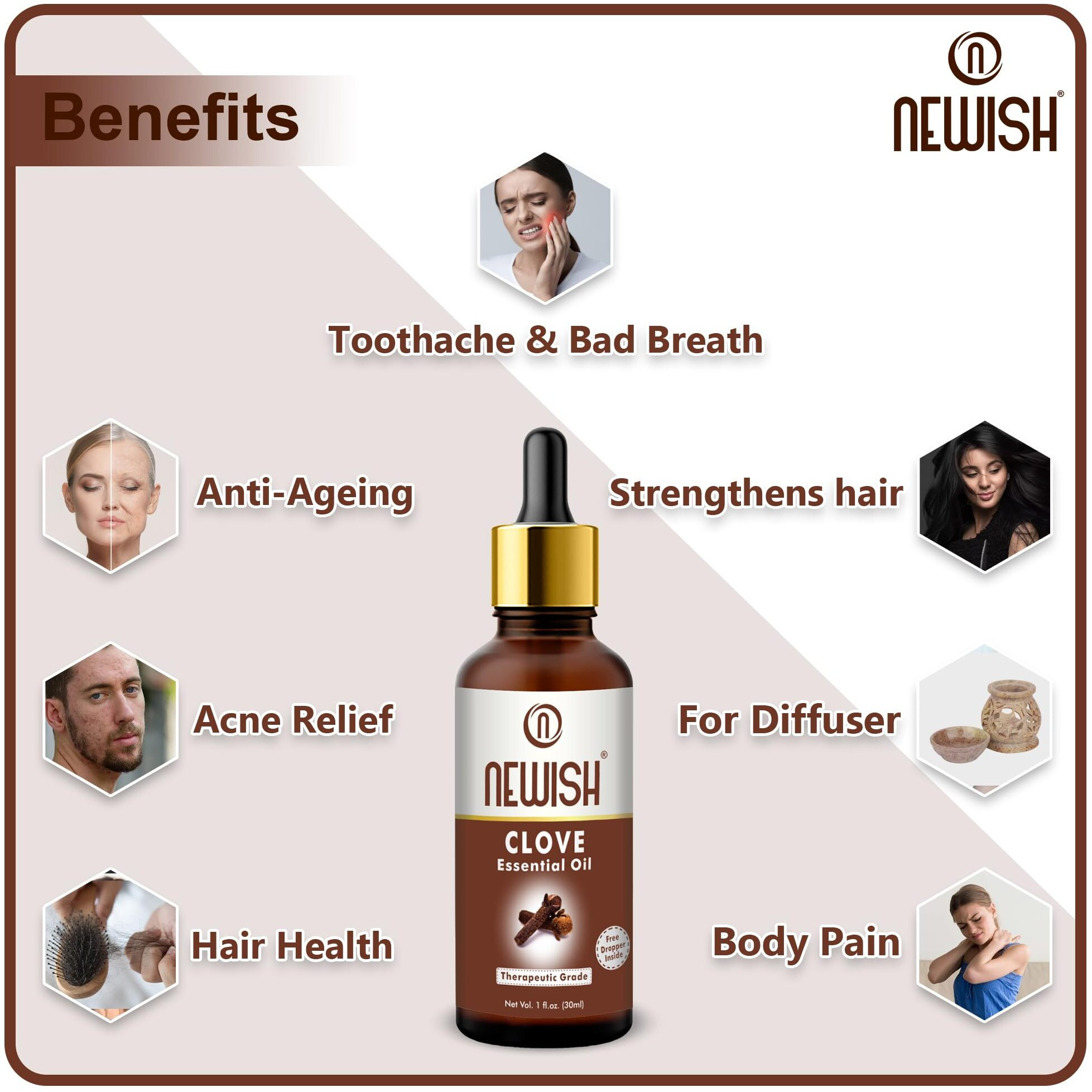 Newish Essential Oil 100% Pure, Undiluted, Natural & Organic for Skin, Hair, Pimples, Acne, T Zone & Underarm - High Potency Premium Essential Oil (Clove, 30 ml (Pack of 1))