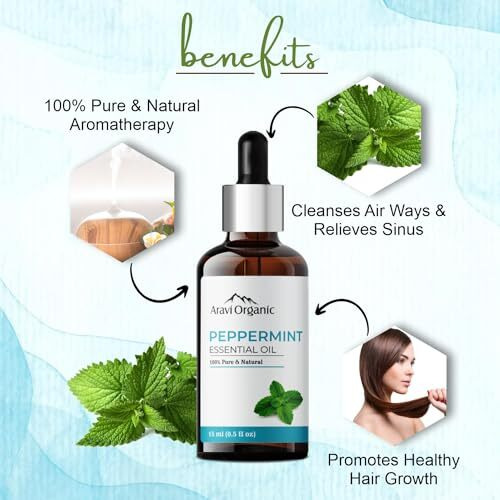 Aravi Organic Peppermint Essential Oil For Skin & Hair Growth, Hair Fall Control, Scalp - 100% Pure & Natural and Undiluted - 15 ml